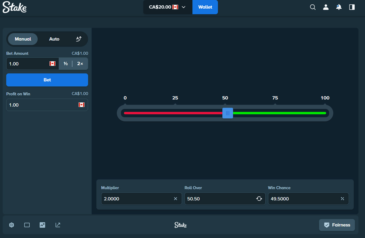 Online dice game interface showing multiplier, win chance, and roll over settings